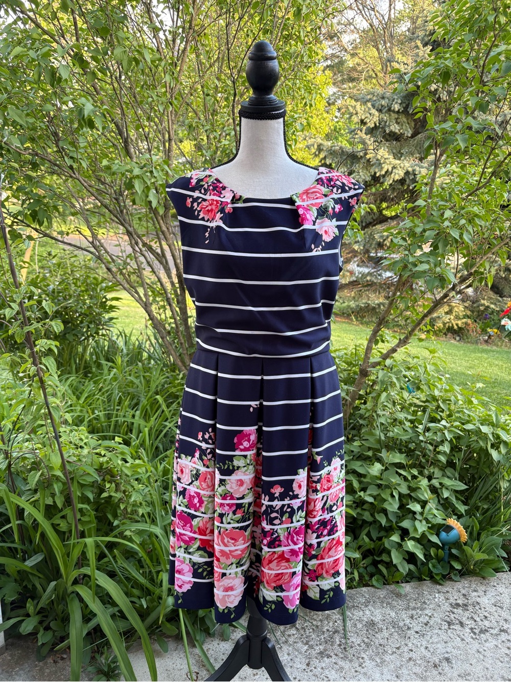 Tiana B. Navy Striped Midi Dress with Pink Floral Border